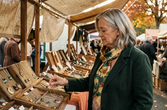 Femme aux cheveux gris portant un manteau vert et un foulard en soie peint à la main dans un marché artisanal en plein air à l'automne