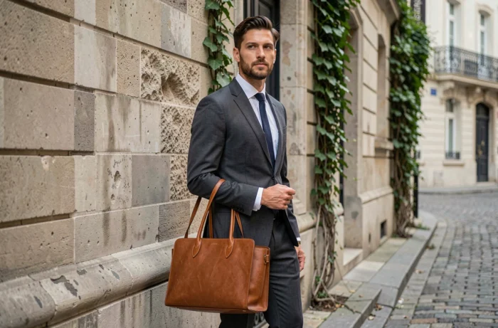 Homme en costume anthracite tenant un sac en cuir cognac devant un mur en pierre dans une ruelle urbaine européenne