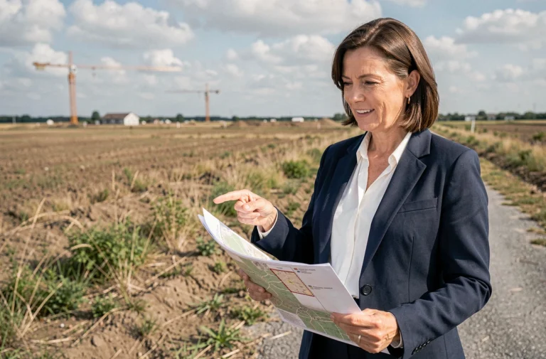 Agent immobilière analysant une carte foncière sur un terrain non constructible avec grues en arrière-plan