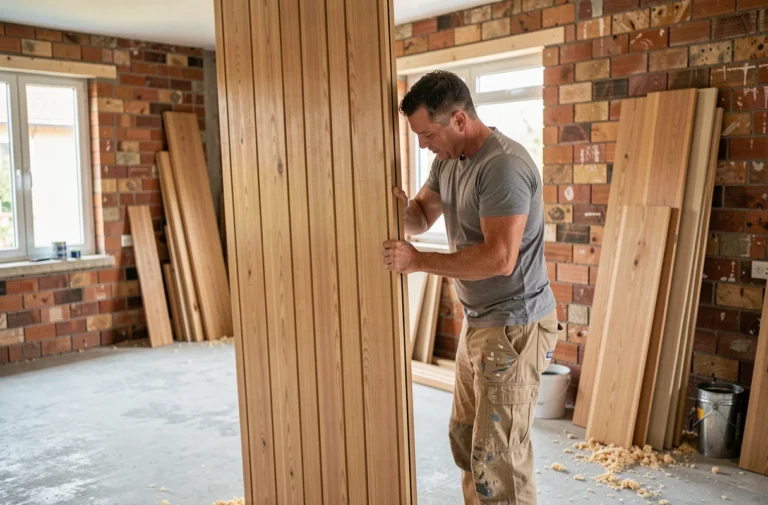 Artisan posant des lambris en bois comme alternative au placo sur un mur intérieur en cours de rénovation