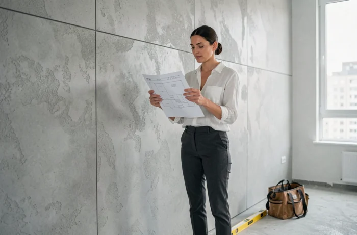 Designer d'intérieur devant un mur en panneaux de fibre-ciment comme solution alternative au placo dans un appartement rénové