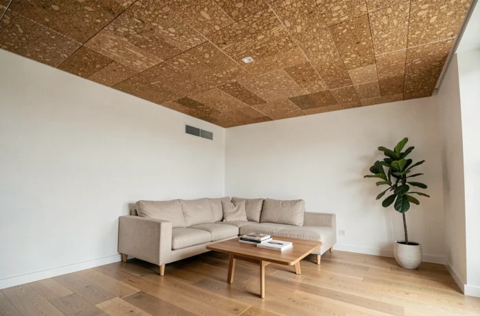 Plafond recouvert de dalles de liège dans un salon contemporain comme alternative écologique au placo