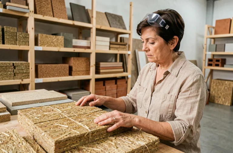 Architecte examinant des échantillons de matériaux écologiques comme la botte de paille et le chanvre dans un showroom de matériaux de construction durable