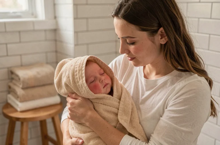 Maman tenant son bébé endormi enveloppé dans une serviette de bain après le bain du soir
