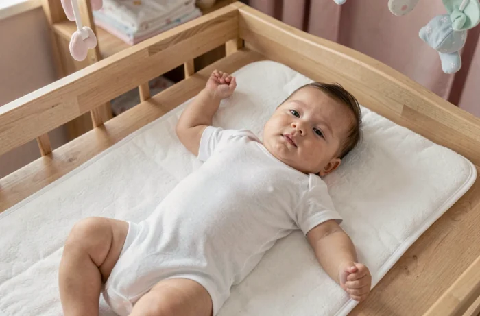 Bébé détendu et somnolent sur la table à langer après son bain en combinaison blanche