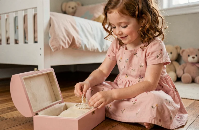 Jeune fille souriante rangeant un bracelet dans une boîte à bijoux en bois rose sur le plancher de sa chambre