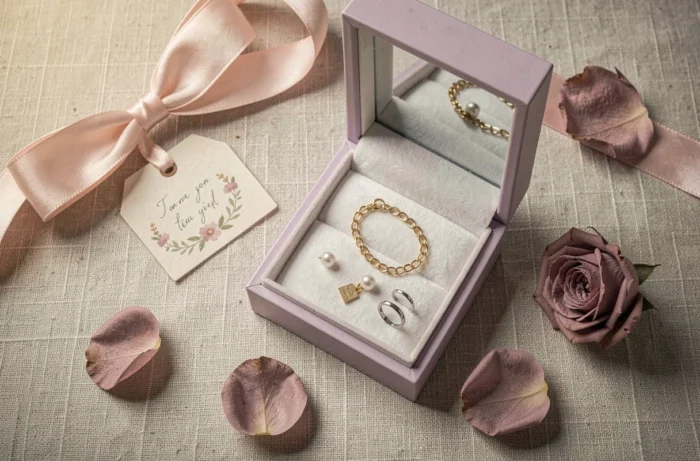 Vue de dessus d'une boîte à bijoux lilas ouverte avec bracelet et boucles d'oreilles sur fond de lin naturel
