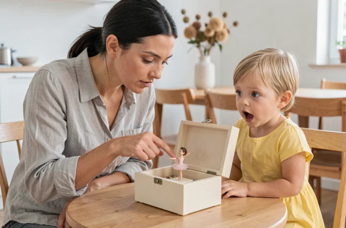 Femme et petite fille découvrant ensemble une boîte à bijoux musicale avec ballerine sur une table en bois
