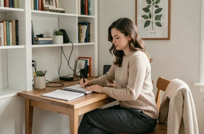 Femme travaillant dans un coin bureau cosy et pratique aménagé dans un appartement avec étagères, plantes et décoration naturelle