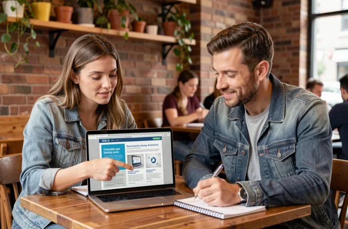 Deux professionnels collaborant sur une offre de services informatiques en anglais dans un café urbain