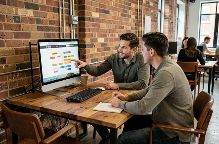 Deux collègues explorant ensemble le plan de site d'une plateforme éco-responsable dans un espace de coworking
