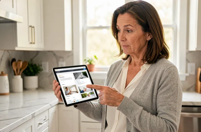 Femme comparant deux interfaces web sur une tablette dans une cuisine moderne pour sa première connexion Freebox