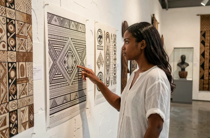 Jeune femme d'origine tahitienne comparant des motifs maori authentiques et des copies commerciales dans une galerie artisanale