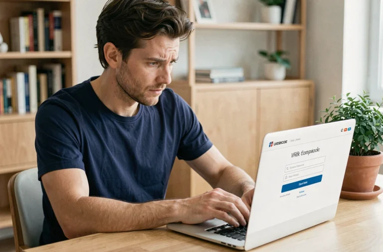 Homme consultant une page de connexion de fournisseur internet sur un ordinateur portable dans un bureau à domicile