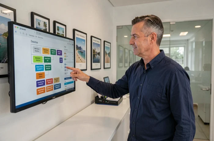 Conseiller en voyage présentant le plan de site d'une agence de voyages sur un écran tactile