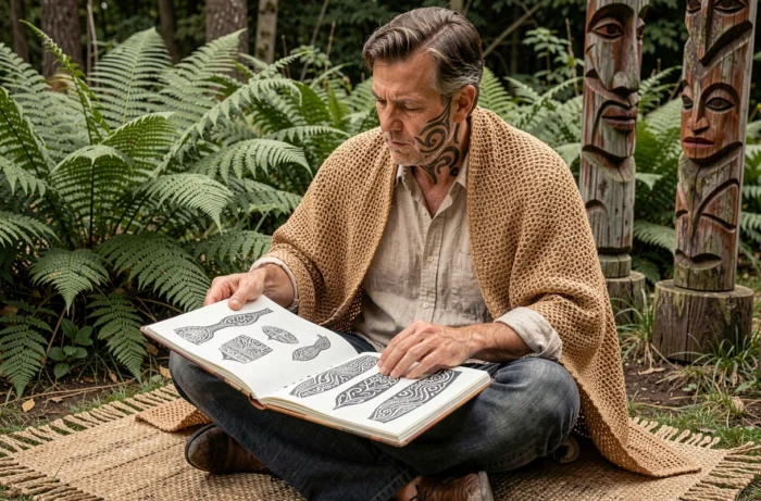Consultant culturel maori examinant des croquis de motifs tā moko traditionnels authentiques dans un cadre naturel néo-zélandais