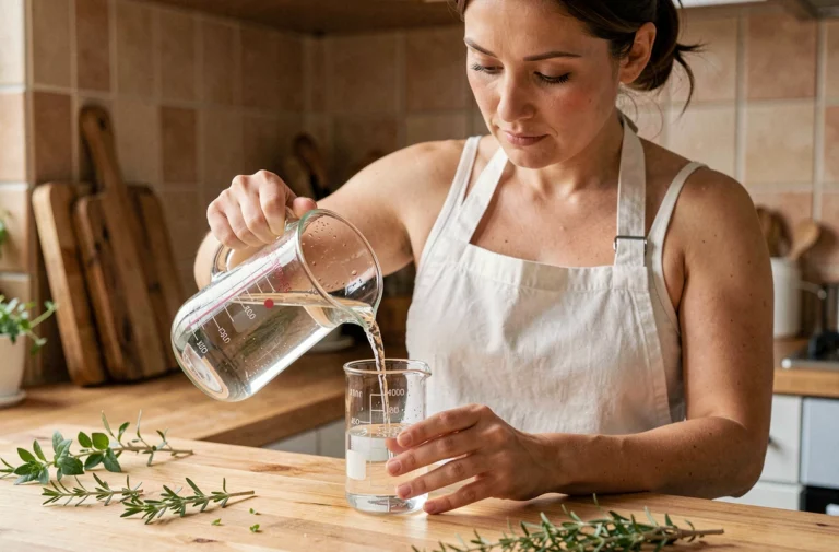 Femme versant du liquide dans un verre doseur gradué en millilitres et centilitres sur un plan de travail en bois dans une cuisine