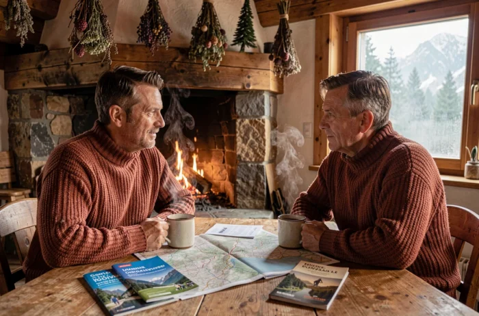 Couple planifiant des activités en montagne depuis un chalet alpin pendant les vacances de la Toussaint