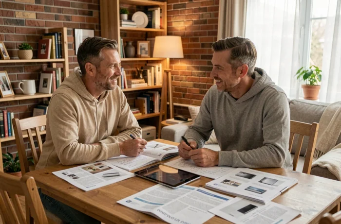 Couple discutant du choix d'équipement de maison autour de catalogues et d'une tablette dans leur salon
