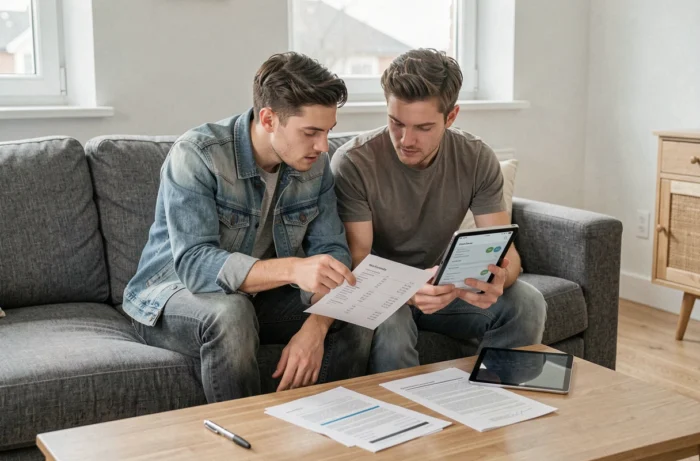 Couple jeune planifiant leur budget mensuel ensemble sur un canapé avec documents et tablette