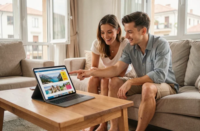 Couple planifiant un voyage en naviguant sur le plan du site d'une agence de voyages via une tablette
