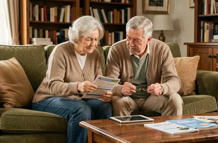 Couple de seniors examinant une brochure de mutuelle santé ensemble dans leur salon