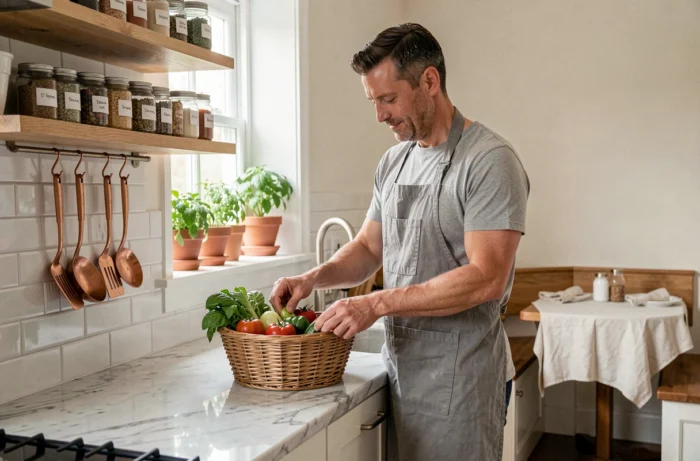 Homme dans une cuisine fonctionnelle et harmonieuse avec comptoir en marbre, étagères ouvertes et herbes aromatiques sur le rebord de fenêtre