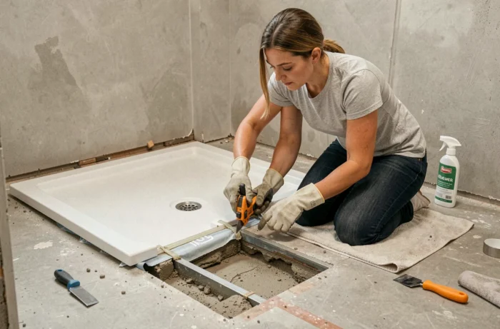 Femme en train de retirer un bac de douche carré en découpant les joints de silicone au cutter lors de travaux de rénovation de salle de bain