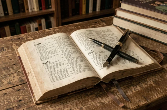 Dictionnaire français ouvert sur les définitions des mots salle et sale posé sur un bureau en bois