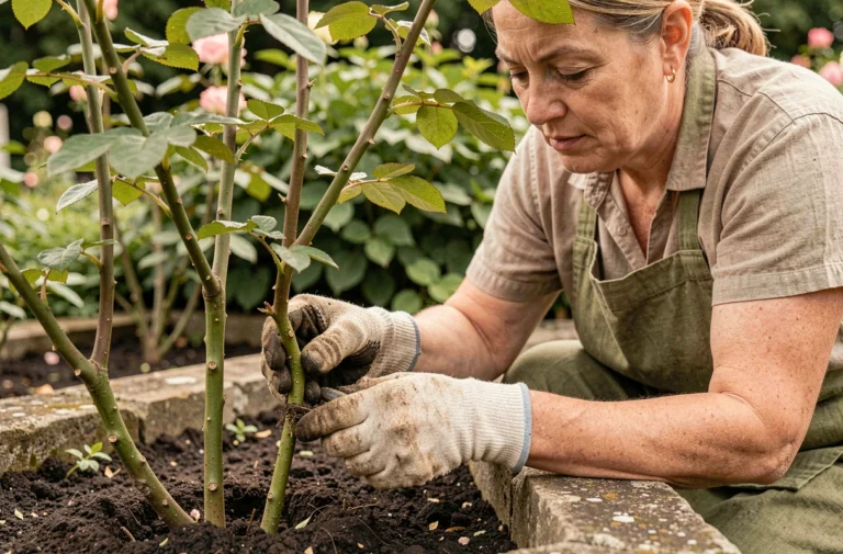 Jardinière retirant un gourmand à la base d'un rosier avec des gants de jardinage, dans un jardin soigné aux bordures en pierre