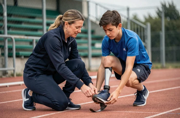 Entraîneuse encourageant un jeune athlète handisport sur une piste d'athlétisme lors d'un programme sportif inclusif en France