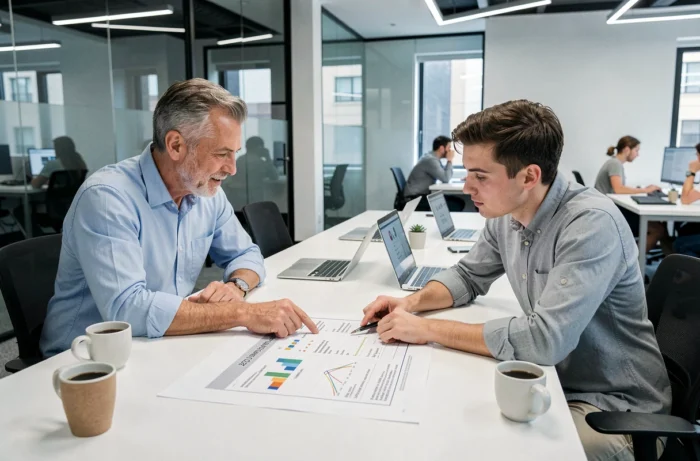 Deux professionnels du marketing digital analysant un audit SEO pour améliorer la visibilité sur Google