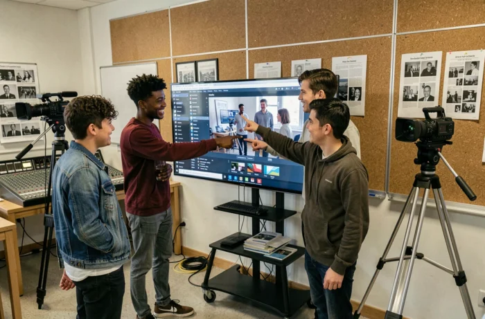 Étudiants en médias audiovisuels discutant d'une production télévisée dans une école de communication française