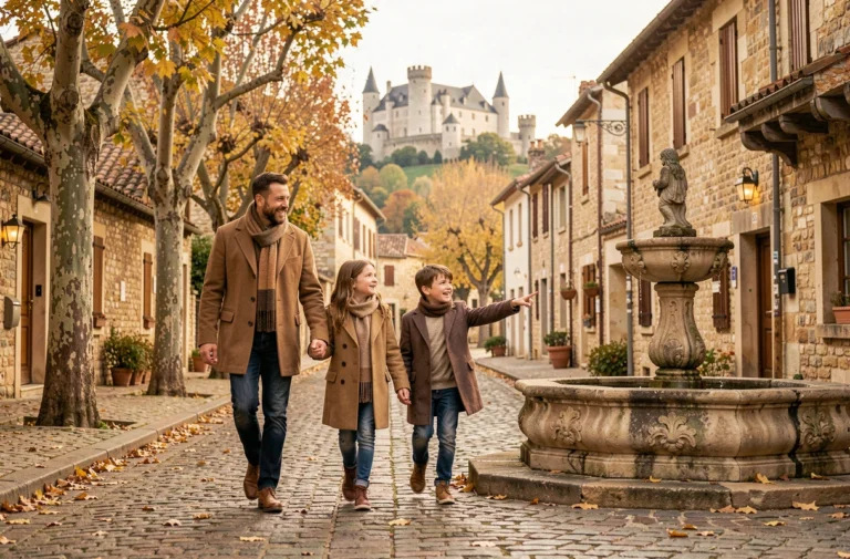 Famille en balade dans un village médiéval français à l'automne pendant les vacances de la Toussaint