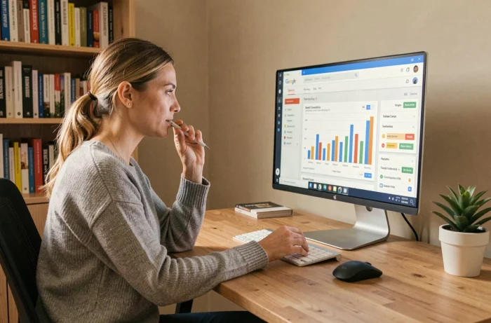 Femme consultant un tableau de bord Google Search Console pour améliorer le référencement naturel de son site web