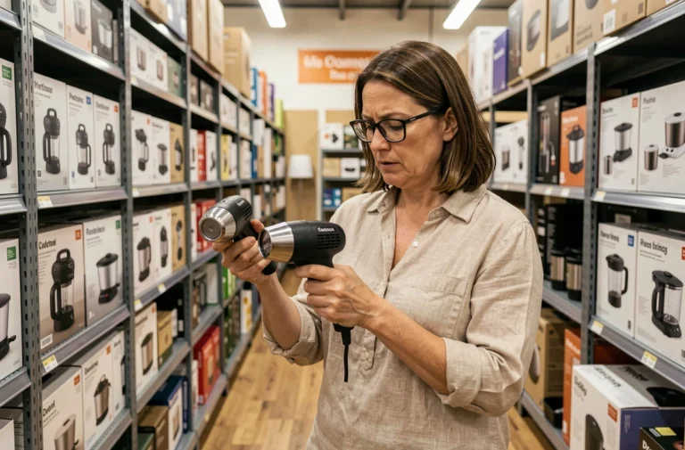 Femme comparant des appareils électroménagers dans un rayon de magasin de bricolage pour bien choisir son équipement de maison