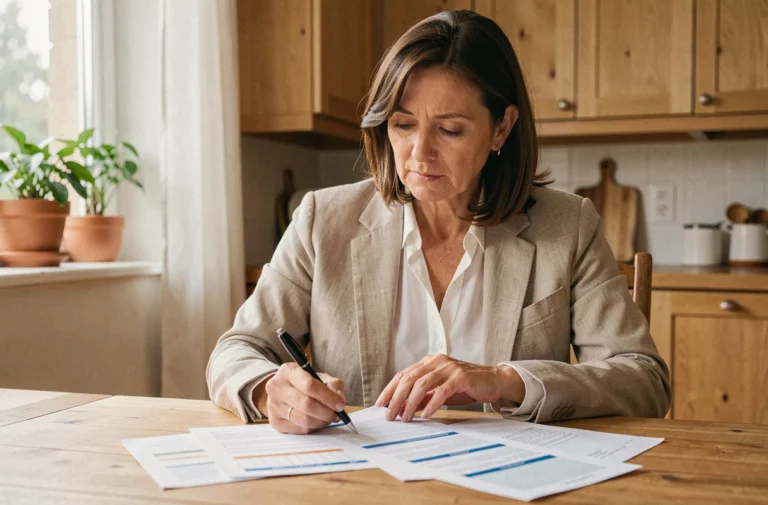 Femme comparant des offres de mutuelle santé à sa table de cuisine avec des documents imprimés