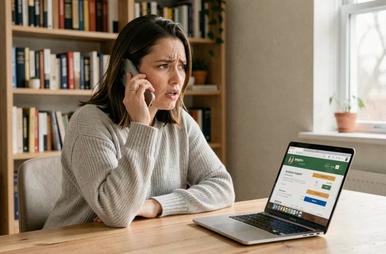 Femme contacting le service client Amazon par téléphone depuis son bureau à domicile