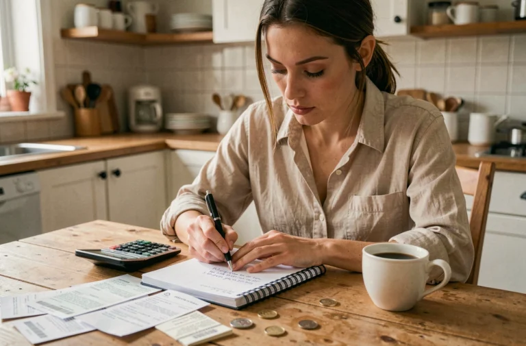 Femme gérant son budget quotidien avec un carnet de notes, une calculatrice et des reçus sur une table en bois