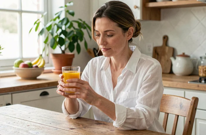 Femme tenant un verre de jus de noni doré dans une cuisine en bois naturel, illustrant les bienfaits quotidiens du jus de noni pour la santé