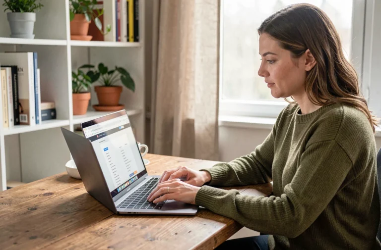 Femme naviguant sur un plan de site écologique depuis un ordinateur portable dans un bureau à domicile