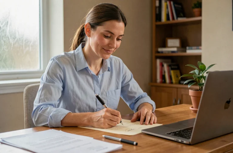 Femme rédigeant une lettre de motivation pour locataire à un bureau en bois dans un bureau à domicile ordonné