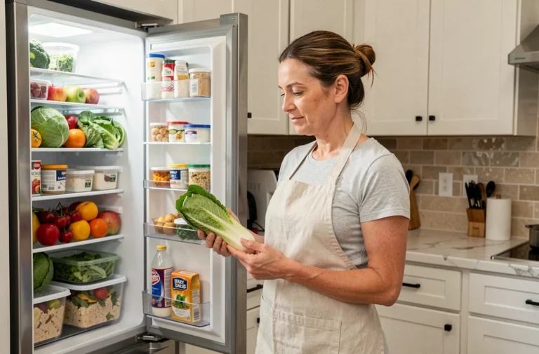 Femme choisissant des aliments frais dans un réfrigérateur moderne bien organisé dans une cuisine lumineuse