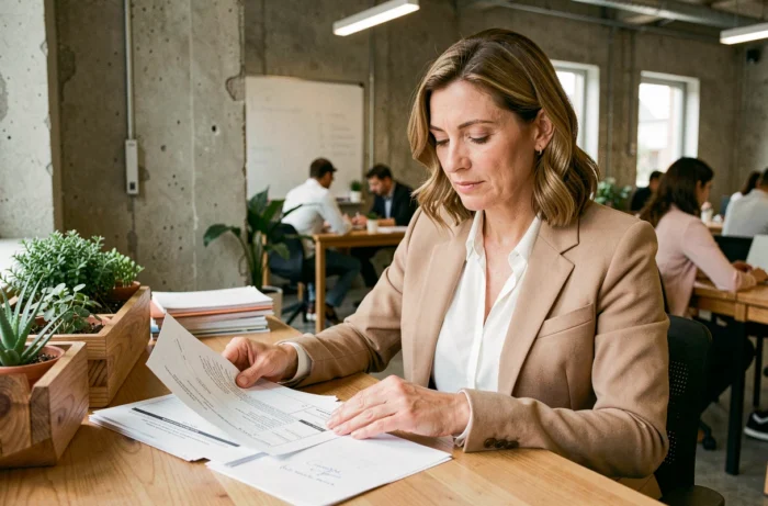 Femme professionnelle relisant sa lettre de motivation de locataire dans un espace de coworking moderne