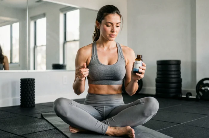 Femme sportive examinant des capsules d'oméga-3 sur un tapis de yoga dans une salle de sport à domicile