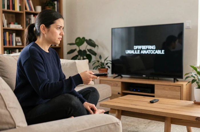 Femme perplexe tenant une télécommande face à un téléviseur affichant un message d'erreur de streaming