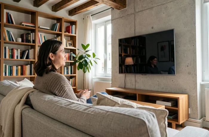 Femme regardant la télévision dans un salon parisien moderne aux tons neutres et chaleureux