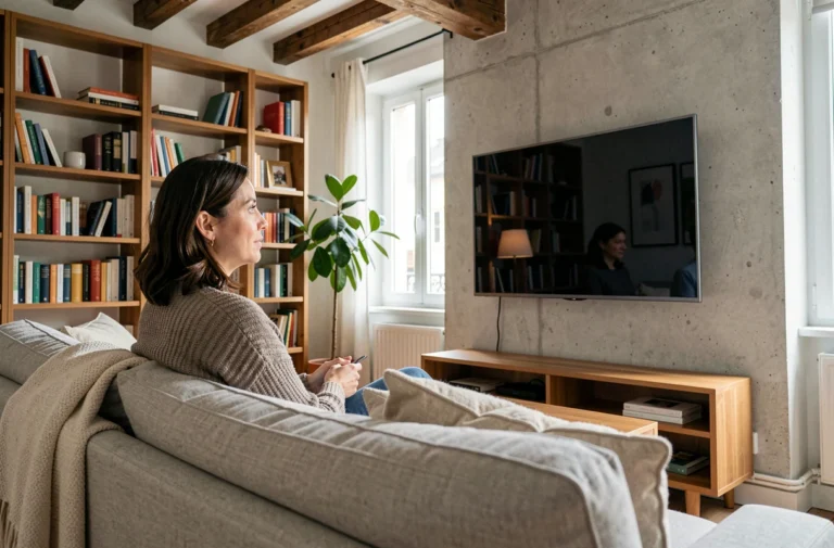Femme regardant la télévision dans un salon parisien moderne aux tons neutres et chaleureux
