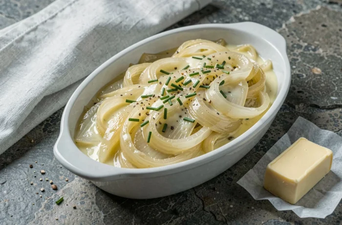 Plat ovale de fondue de poireaux confits, soyeux et dorés, nappés de beurre et parsemés de ciboulette