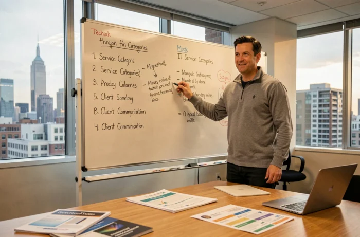 Formateur en informatique présentant des termes de services IT en anglais sur un tableau blanc en salle de réunion